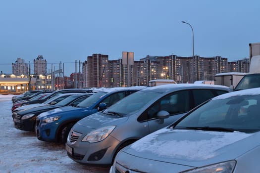 Moscow, Russia - Feb 14. 2024. Parking lot on the Kryukovskaya Square in Zelenograd