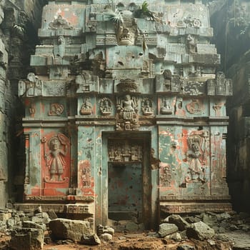 Fading murals on an ancient temple wall, representing culture and historical themes.