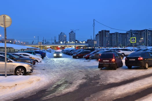 Moscow, Russia - Feb 14. 2024. Parking lot on the Kryukovskaya Square in Zelenograd