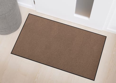 Blank brown door mat on wooden floor, perfect for showcasing custom designs or logos in an urban home setting. Welcome mat with copy space. Doormat mock up. Carpet at entrance. 3D