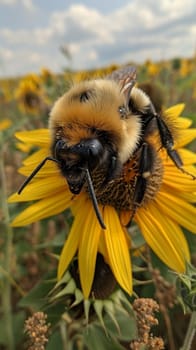 Close-up of a bee on a sunflower, representing nature, pollination, and summer themes.