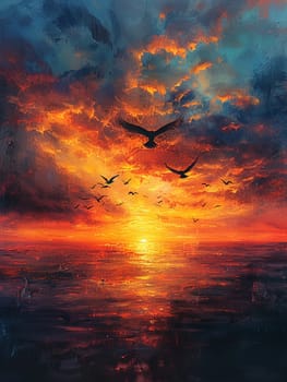 Silhouettes of birds flying across a painted sky at dawn, symbolizing new beginnings.