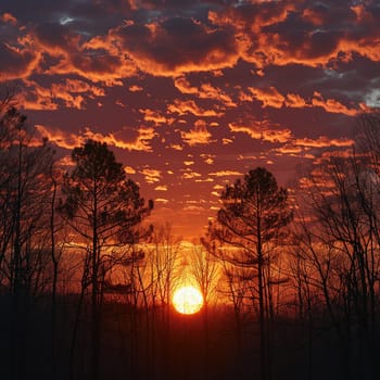 The fiery glow of a sunset behind a silhouette of trees, capturing the end of a day.