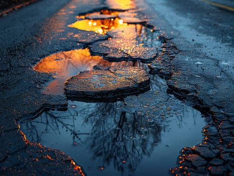 Wet asphalt after rain with reflections, suitable for moody and atmospheric backgrounds.