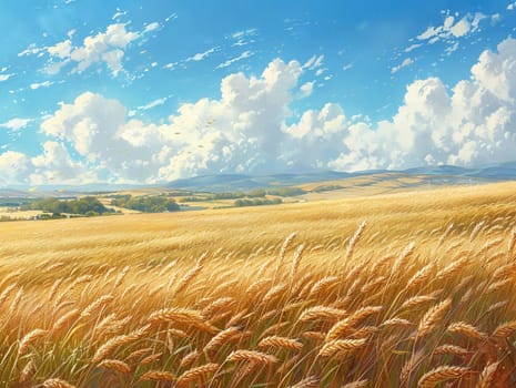 Golden wheat field swaying in the breeze, ideal for agricultural and country themes.