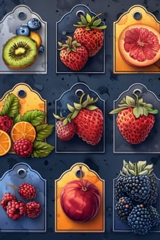 A set of labels for fruits and berries on a blue background. Labels with drawings of fruits. A template for your product. Illustration.