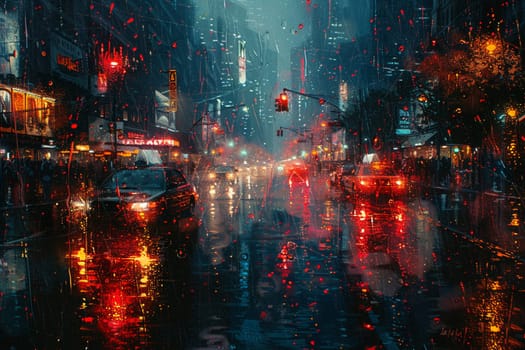 Rain falling on a city street at night, creating reflections and a moody atmosphere.