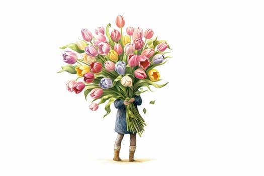A hand holding a bouquet of tulips. The tulips are in various colors, including pink, orange, and yellow. Concept of warmth and happiness