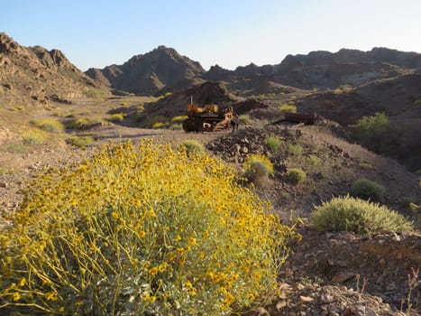 Abandoned Old Bulldozer in Springtime in Arizona Desert . High quality photo