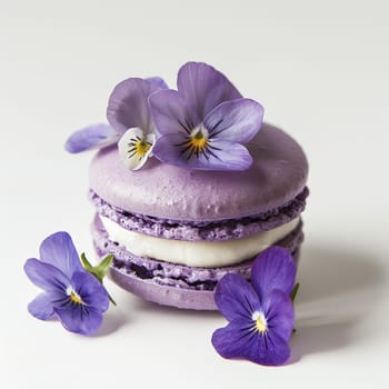 Close up of lavender macaron with flowers on white background.