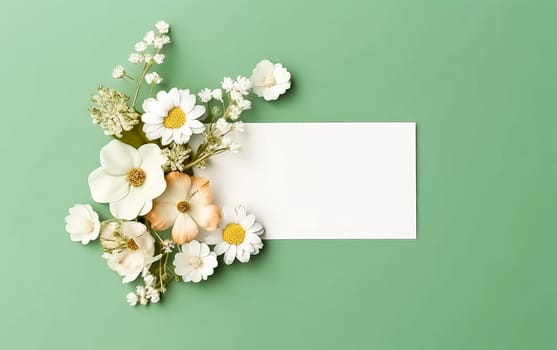 A white sheet of paper is placed on a green background with a bunch of white flowers. The flowers are arranged in a way that they are overlapping the paper, creating a sense of depth and dimension