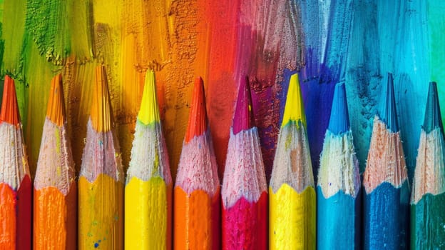 A row of crayons in different colors over a multi colored background. Back to school concept.