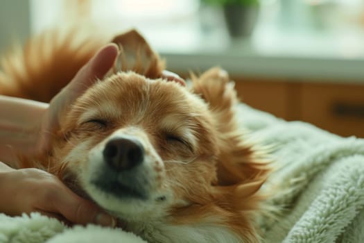 A close-up of a small dog sleeping peacefully, enveloped in the soft embrace of a warm, fluffy blanket