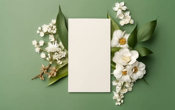 A white sheet of paper is placed on a green background with a bunch of white flowers. The flowers are arranged in a way that they are overlapping the paper, creating a sense of depth and dimension