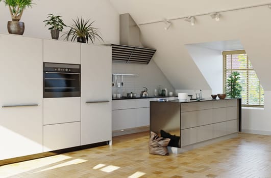modern attic kitchen interior. 3d rendering design concept