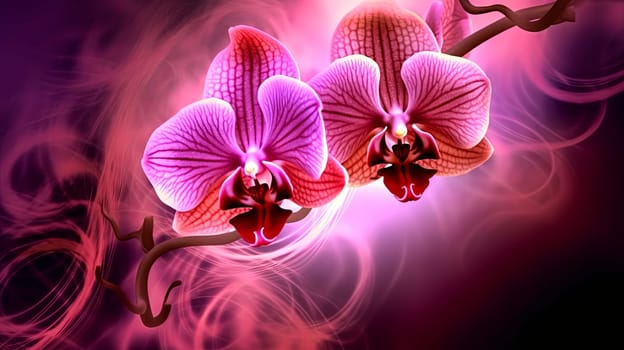 Two pink orchids are shown on a purple background. The flowers are in full bloom and are the main focus of the image. The purple background adds a sense of depth and contrast to the flowers