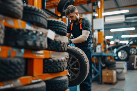 Focused and skilled, a mechanic changes a tire in a well-equipped workshop, showcasing his expertise in vehicle maintenance