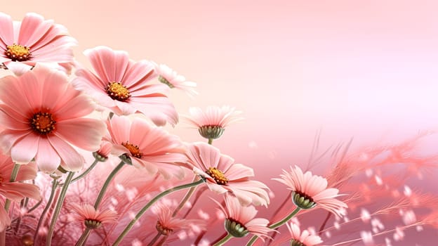 A field of white daisies with a pinkish hue. The flowers are in full bloom and are scattered throughout the field. Scene is peaceful and serene, as the flowers are a symbol of beauty and tranquility