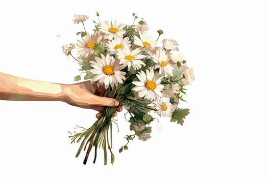 A hand holding a bouquet of white flowers. The flowers are daisies and the hand is wearing a bracelet. Concept of warmth and affection, as the person is holding the flowers for someone special