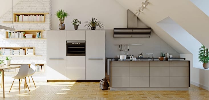 modern attic kitchen interior. 3d rendering design concept