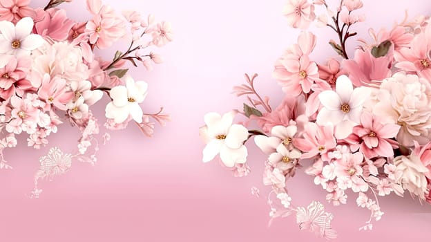 A pink tree branch with pink flowers. The flowers are small and are scattered all over the branch. The image has a serene and peaceful mood, as the pink flowers are delicate