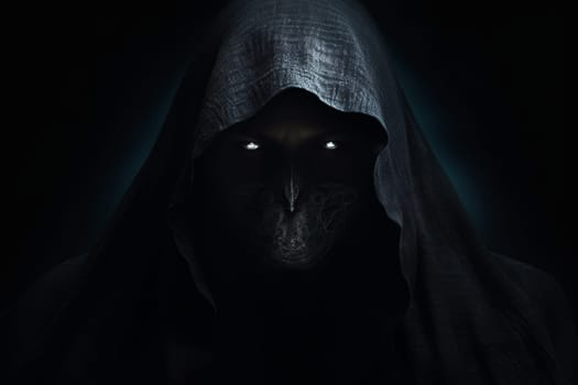 An enshrouded figure in a dark cloak, face obscured in shadows, creates an air of mystery and foreboding, suggestive of future prediction and the unknown