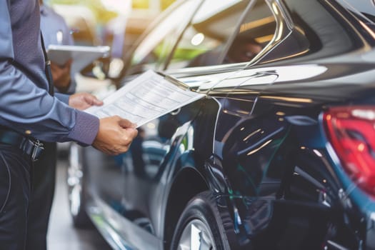 A focused professional conducting a thorough inspection of a vehicle, writing on a clipboard, with the car's interior visible