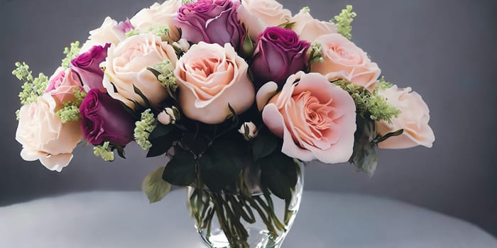 Romantic floral arrangement using soft pastel-colored roses. Dreamy effect and a touch of sophistication in composition. Panorama