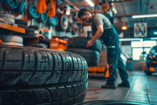 Focused and skilled, a mechanic changes a tire in a well-equipped workshop, showcasing his expertise in vehicle maintenance