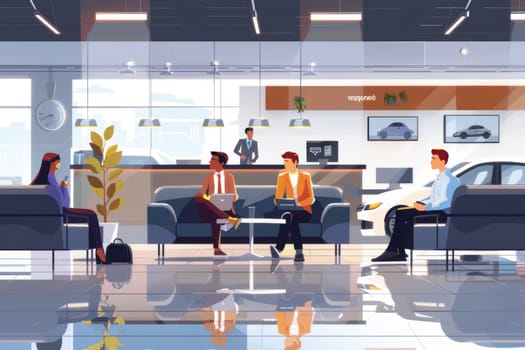 Customers relax in a stylish dealership lounge with contemporary furnishings and a view of the showroom floor, promoting a comfortable waiting experience