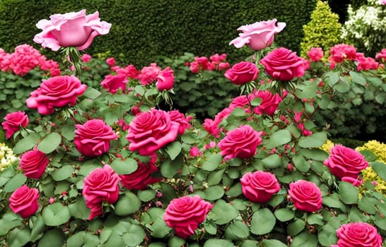 Timeless beauty of a classic rose garden in full bloom. Different angles and perspectives to showcase the rich colors and exquisite petal formations of various rose varieties. Panorama