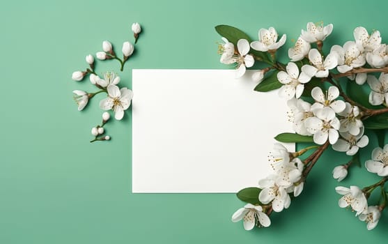 A white sheet of paper is placed on a green background with a bunch of white flowers. The flowers are arranged in a way that they are overlapping the paper, creating a sense of depth and dimension