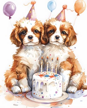 Two Toy dogs, a Fawn and a Liver, wearing party hats, sit beside a birthday cake. These Companion dogs bring joy and love with their playful presence