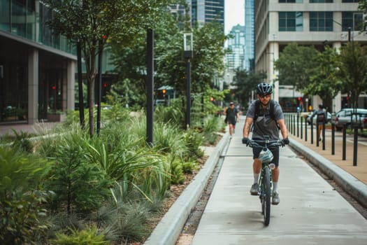 A cyclist maneuvers through a vibrant cityscape bike lane, amidst the backdrop of modern urban architecture and bustling street life