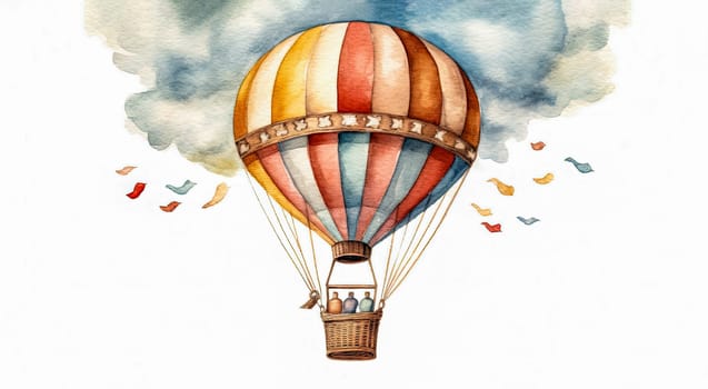 A colorful hot air balloon with people inside is flying through the sky. The balloon is surrounded by a cloud of paper, which suggests that it is a whimsical and playful scene
