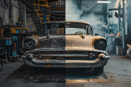 Split-screen image of a classic car in a workshop, showcasing the vehicle's front end with a gritty, vintage appeal on one side and a cleaner, restored look on the other.