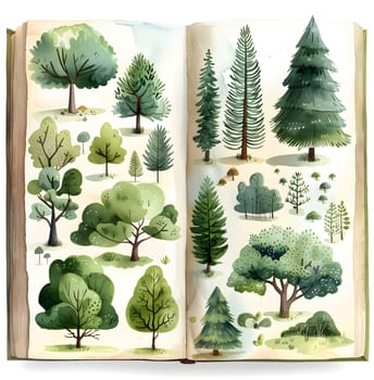 The open book displays a page filled with a lush green landscape featuring a diverse plant community of trees, creating a vibrant terrestrial plant biome