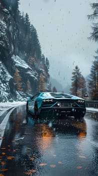 An azure Lamborghini Aventador cruises through a snowy mountain landscape, with the asphalt road glistening under the vehicles automotive lighting against a backdrop of the sky and water