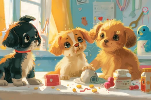 Two adorable puppies and a curious kitten enjoy a playful time together among pet toys and treats, in a cozy indoor setting filled with warmth and companionship