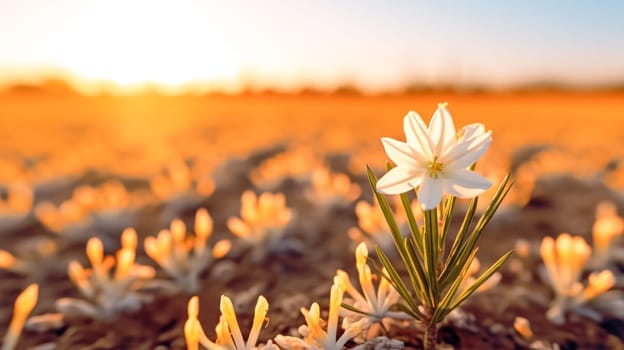 A single white flower is standing in a field of yellow flowers. The sun is setting in the background, casting a warm glow over the scene. Concept of peace and tranquility