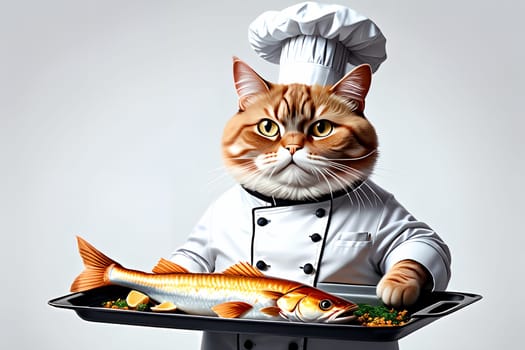 cat chef with cooked fish . AI generated image.