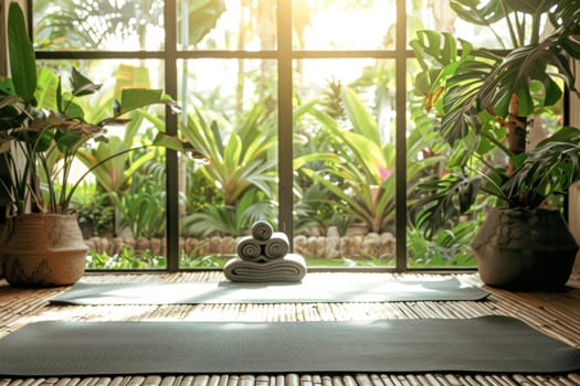 A peaceful yoga studio interior, bathed in natural light, featuring eco-friendly mats and a tranquil ambiance for mindfulness