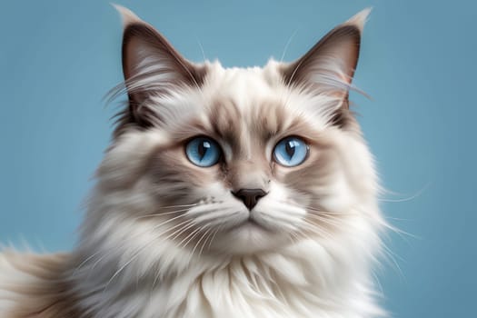 A beautiful young purebred Ragdoll kitten sits on an blue background.. AI generated image.