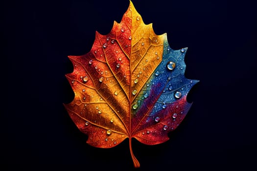 A leaf with a rainbow of colors is on a pink background. The colors of the leaf are red, orange, yellow, and green