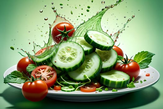 fresh salad with cucumbers and tomato pieces fly in the air above the plate. Oil splashes.