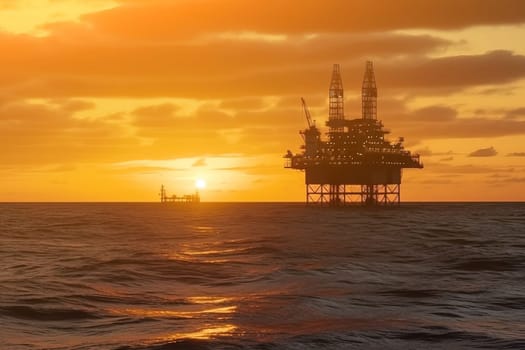 Oil rig in the ocean with a sunset in the background