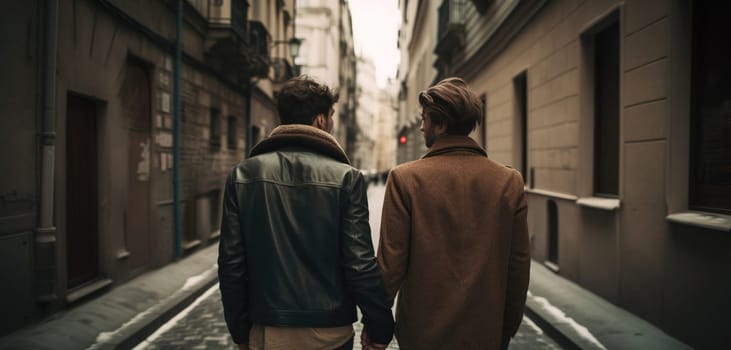 Young Attractive Gay Man Couple Walking Through The City Holding Hands, Lgbt Concept