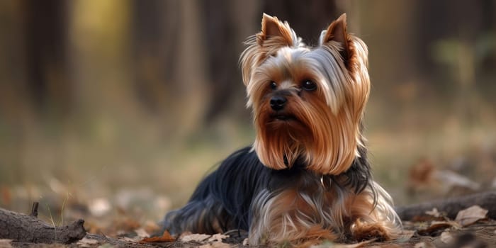 Cute Yorkshire Terrier Explores Forest, Bringing Joy To Every Leaf And Twig