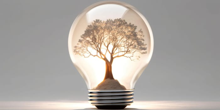 Electric Bulb With Growing Tree Inside, Concept Of Ecological Problems In Our Life