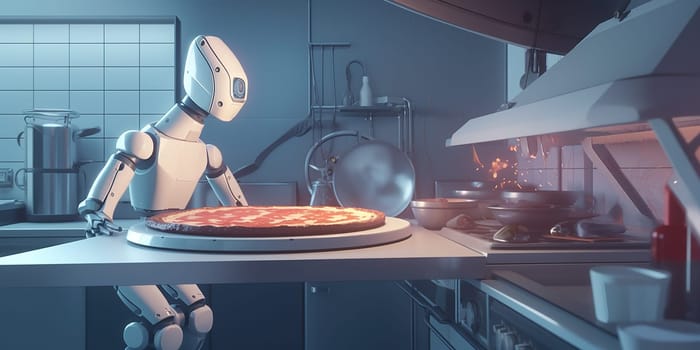 Robot Android Cooking Pizza In The Kitchen